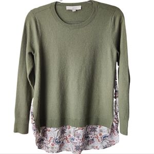 LOFT Green and White Crew Neck Sweater